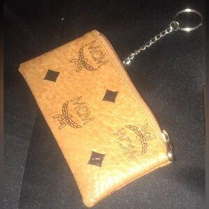 MCM Brown Keychain Wallet Zip pouch signature nappa leather w/ carabiner clasp